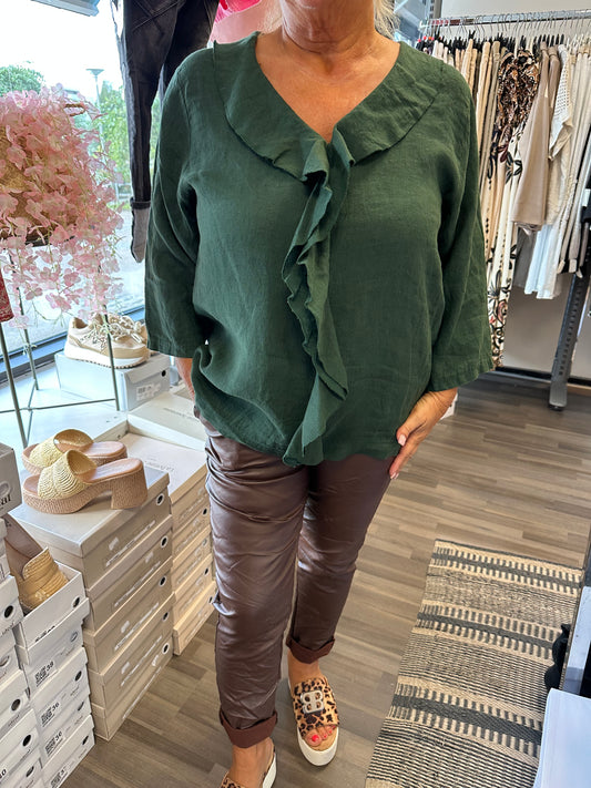 Pellavapusero röyhelöllä vihreä