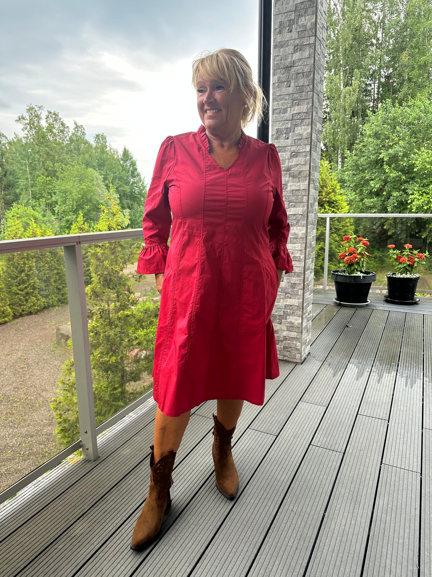 A-linjainen puuvillapopliini mekko Rio Red