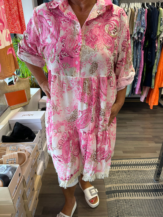 Puuvilla-pellava mekko pinkki