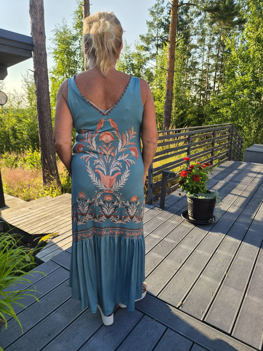 Kuviollinen pitkä mekko turkoosi