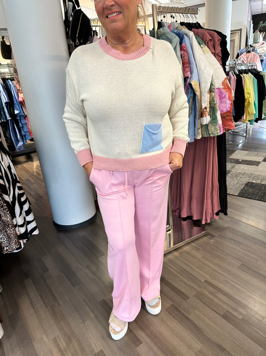 Puuvillaneule kontrastiväreillä vaalea/roosa