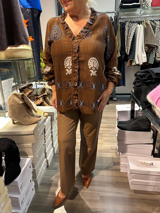 Viskoosipusero röyhelöllä ruskea