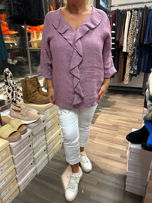 Pellavapusero röyhelöllä Laventeli