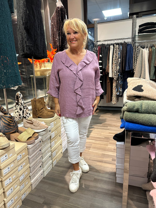 Pellavapusero röyhelöllä Laventeli