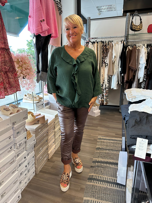 Pellavapusero röyhelöllä vihreä