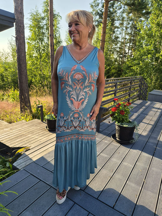 Kuviollinen pitkä mekko turkoosi