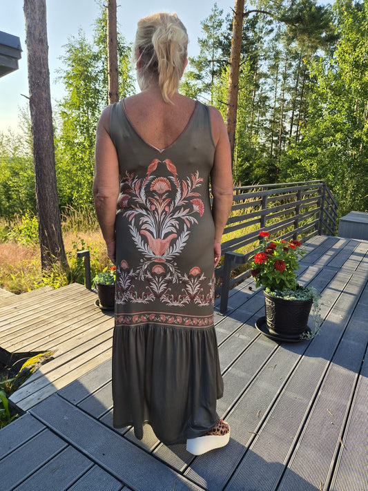 Kuviollinen pitkä mekko khaki