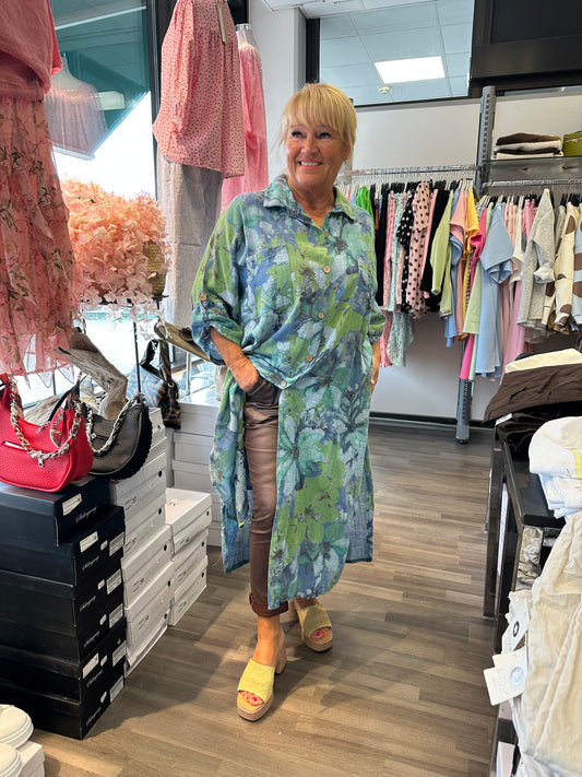 Plussize pellava-puuvillamekko sininen