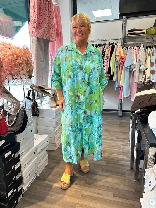 Plussize pellava-puuvillamekko turkoosi