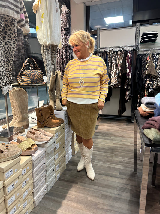 Raidallinen trikoopusero keltainen