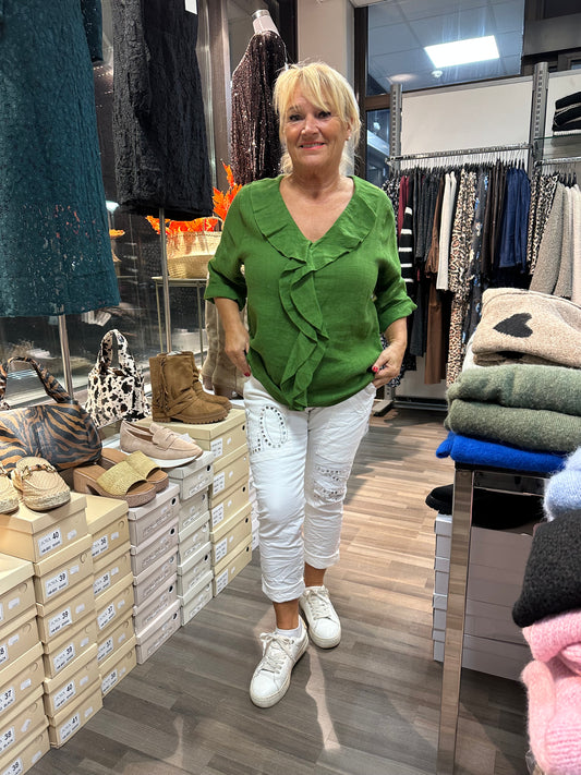 Pellavapusero röyhelöllä Oliivi