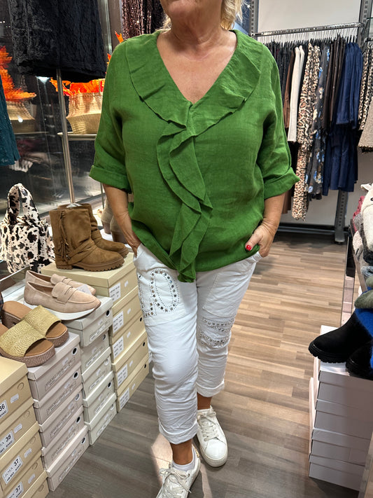 Pellavapusero röyhelöllä Oliivi