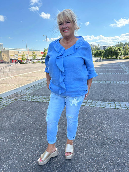 Pellavapusero röyhelöllä sininen