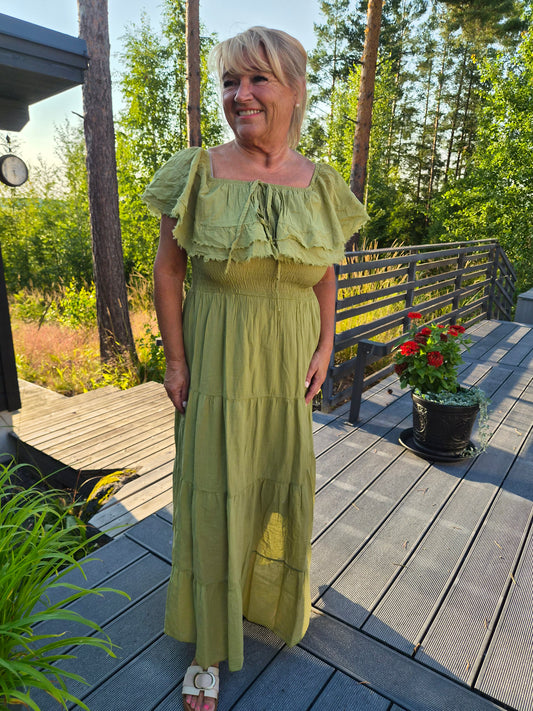 Puuvillamekko röyhelökaulus  kiiwi