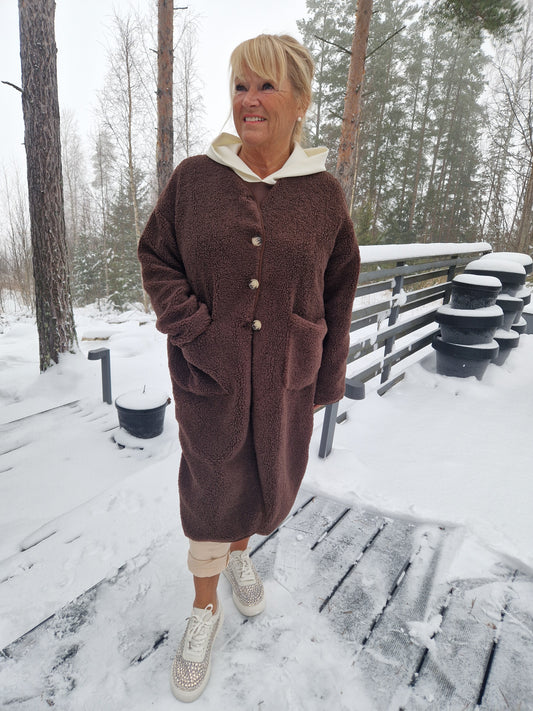 Kaulukseton teddy takki ruskea