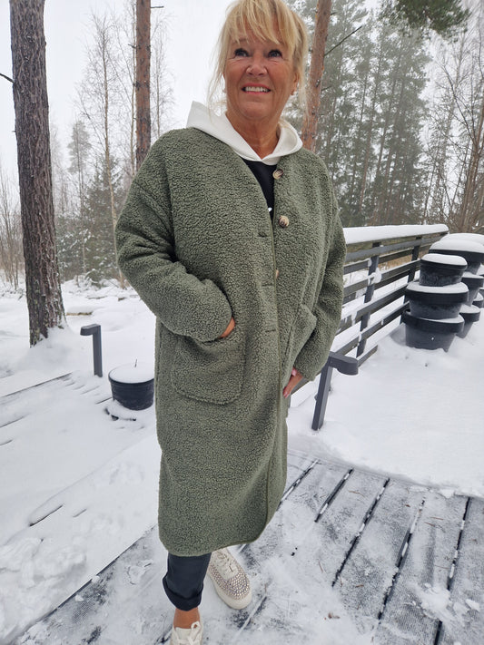 Kaulukseton teddy takki khaki vihreä