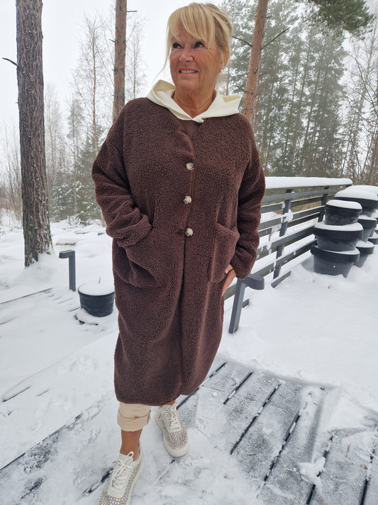 Kaulukseton teddy takki ruskea