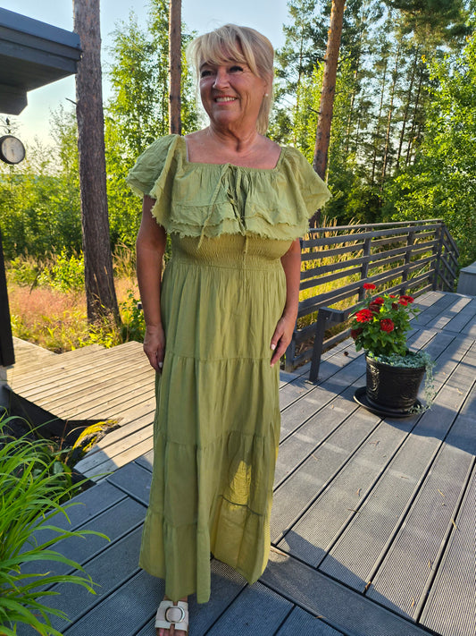 Puuvillamekko röyhelökaulus  kiiwi