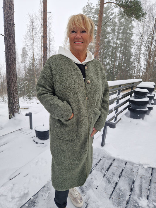 Kaulukseton teddy takki khaki vihreä